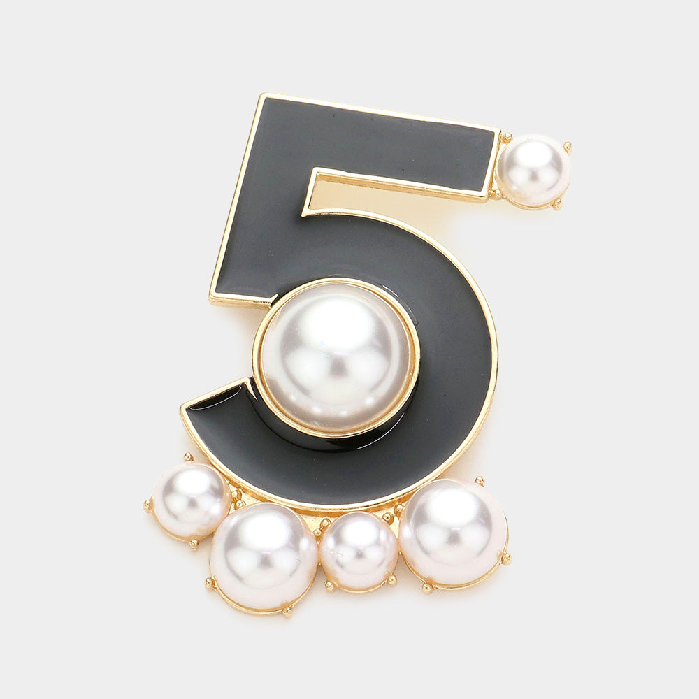 Pearl Embesllished Enamel No 5 Pin Brooch