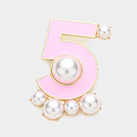 Pearl Embesllished Enamel No 5 Pin Brooch