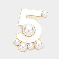 Pearl Embesllished Enamel No 5 Pin Brooch