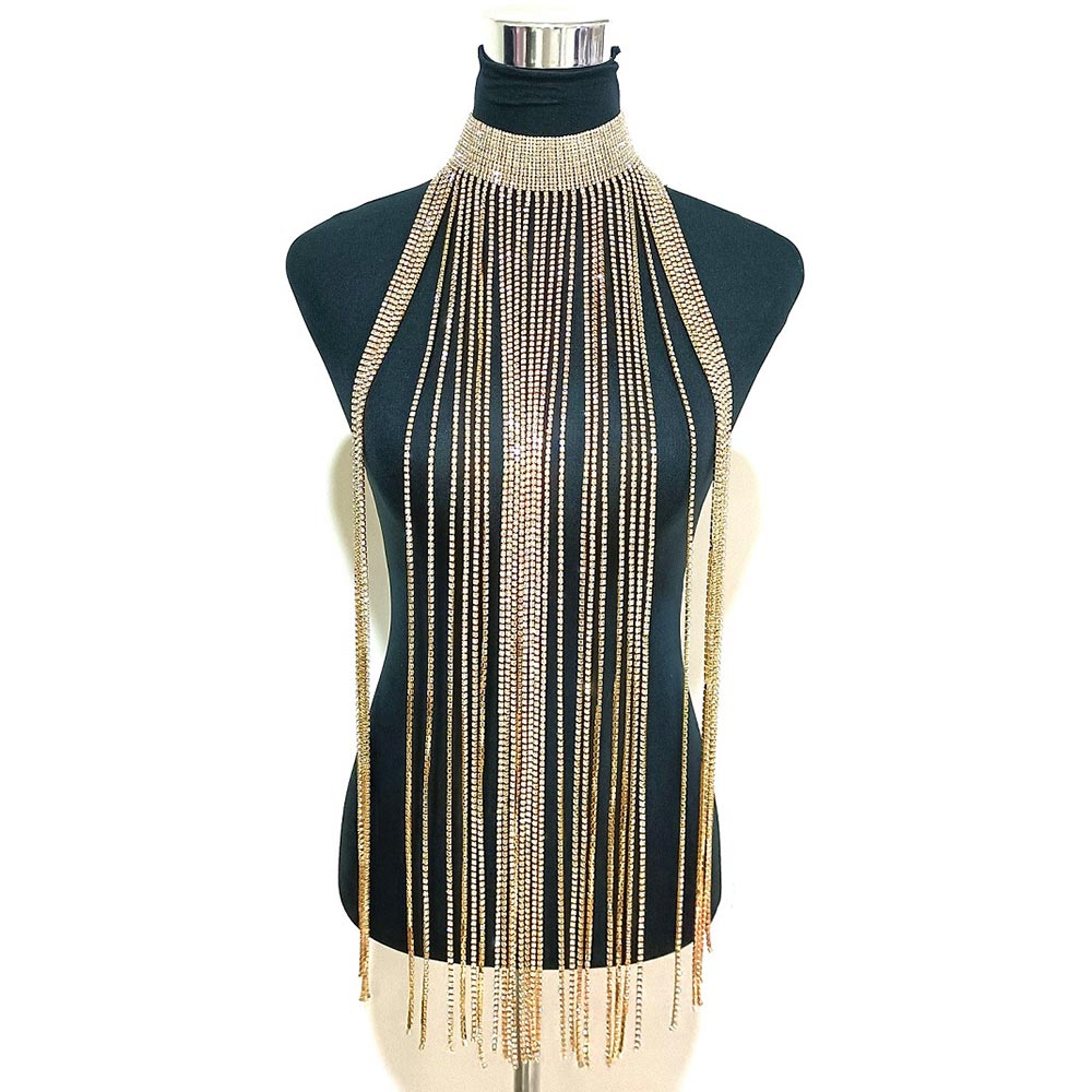 Long Dropped Rhinestone Fringe Body Chain Choker Necklace