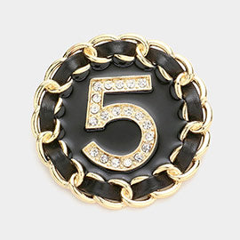 No.5 Metal Chain Trimmed Round Pin Brooch